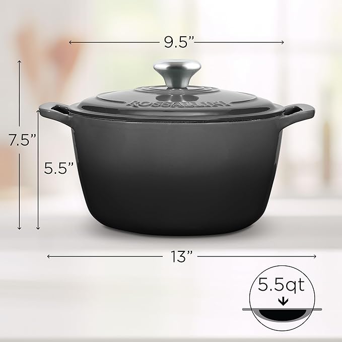 ROSSALLINI Signature Enameled Cast Iron Dutch Oven, Non-Stick Serving Pot with Tight Fitting Lid for Perfect Roasting, Baking, Sauteing, and Bread Making | 5.5Q (5.2L) - Oyster Grey