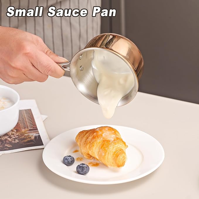 KC-Emier Mini Sauce Pan with Lid, Tri-Ply Stainless Steel Pot with Stay-Cool Handle & All Cooktop Compatibility (Gas, Ceramic, Electric) - Copper