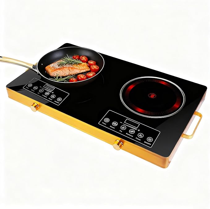 7000W Double Ceramic Electric Hot Plate Countertop Stove Double Burner Infrared Cooktop with 11 Power Levels 0-4H Timer Portable Handle LED Display for Kitchen Camping (Black)