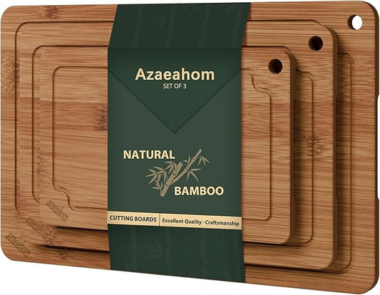 Bamboo Cutting Boards for Kitchen, Wood Cutting Board Set with Juice Grooves & Built-in Handles, Large Medium Small Chopping Board for Meat, Vegetables, Fruit