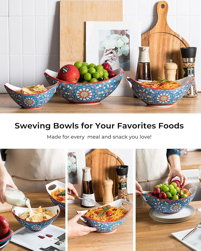 LAUCHUH Serving Bowls with Handles, Bohemian Porcelain Serving Dishes for Entertaining Colorful Nesting Bowls Salad Bowls for Kitchen, St. Patrick's Day, Set of 3, 15/28/49 oz, Blue and Red