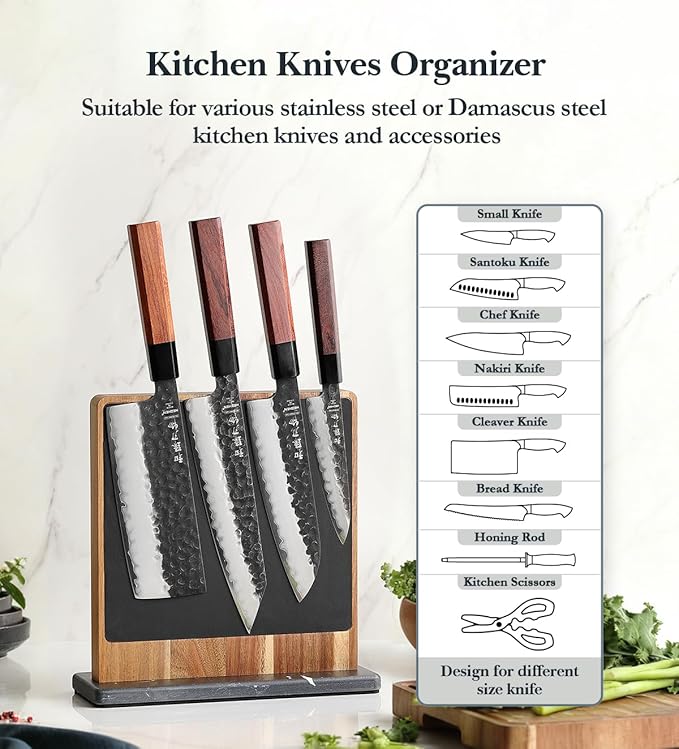 HEZHEN Double-sided Magnetic Knife Holder without Knives, Acacia Wood Knife Block with Leather Cover, Space-saving Knife Storage, Strong Enhanced Magnets Strip, Non-slip Marble Base