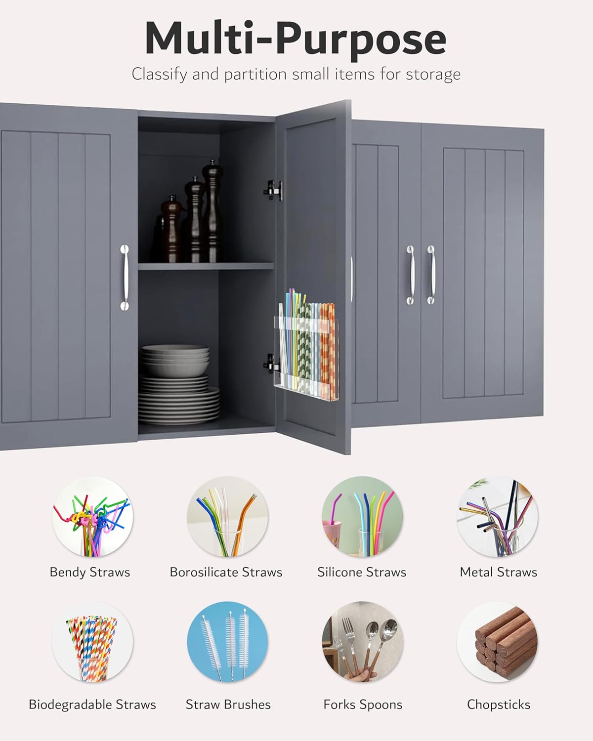 Upgraded 9.6'' Large Acrylic Straw Holder for Cabinet Door, Space-Saving Straw Organizer Storage Dispenser for Cabinet Doors or Countertops, Strong Adhesive Double-sided Tape Included