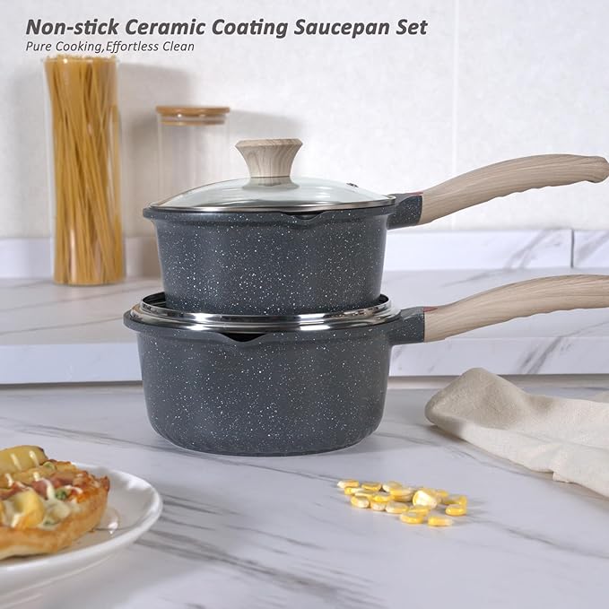 Bakoniion Ceramic Nonstick Saucepan Set 2QT and 4QT, Cast Aluminum Cooking Pots with Side Pour Spouts,Compatible with All Cooktops,Dishwasher Safe