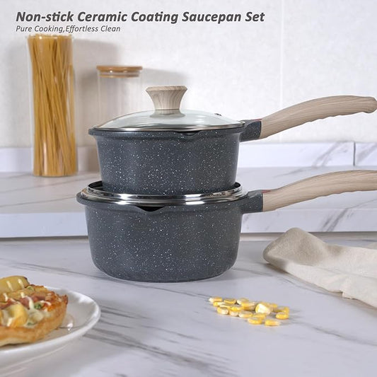 Bakoniion Ceramic Nonstick Saucepan Set 2QT and 4QT, Cast Aluminum Cooking Pots with Side Pour Spouts,Compatible with All Cooktops,Dishwasher Safe