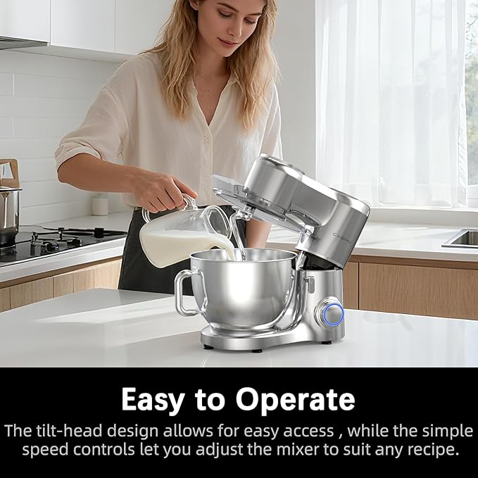 CKEMU Stand Mixer, 9-Quart Stainless Steel Bowl, 660W Professional Power, Multiple Speed Options, Sturdy Design, Easy to Clean, Lifetime Support, SM-1550(Silver)