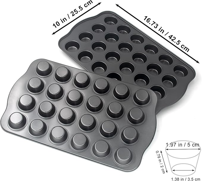 Bakexcel Non-Stick Mini Cupcake Pan, 1.97" 24-Cup Set of 2 Baking Pans, Heavy Duty Carbon Steel Tin for Mini Muffins & Cupcakes