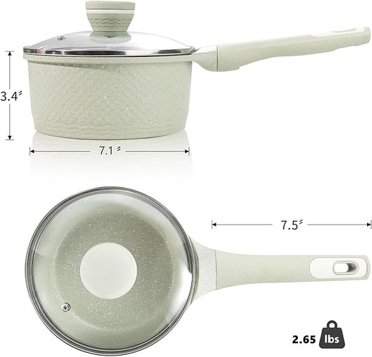Xuanying Sauce pan 2.0Qt SaucePan with Lid, Non Stick Sauce Pot for Cooking, Easy to Clean, Cooking all stovetop 100% Free PFOA PFAS - Green Granite