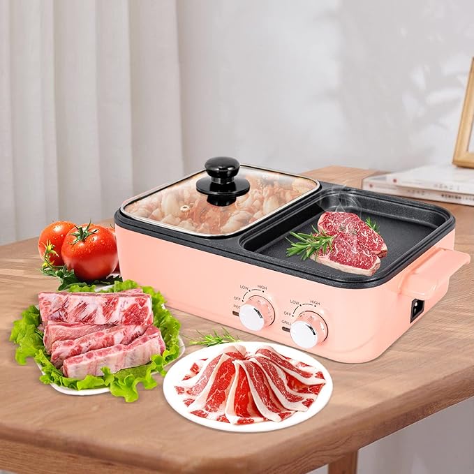 Electric Hot Pot with Grill, Multifunction Nonstick Griddle and Hot Pot, 2 in 1 Indoor Barbecue Grill with Hotpot for Steak, Shabu Shabu, Korean BBQ, Separate Dual Temperature Control (Pink)