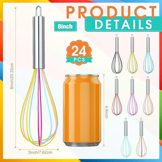 Domensi 24 Pcs 8 Inch Whisks Bulk for Cooking Silicone Whisks Non Scratch Stainless Steel Egg Beater Colorful Coated Metal Heat Resistant Egg Beaters for Valentines Day Party Favor Gift Supplies