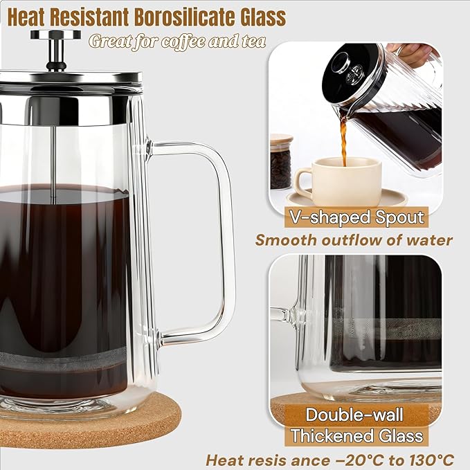 CHDEXU Glass French Press Coffee Maker 34oz, Double Wall Heat-Resistant Borosilicate Glass Coffee Press with Stainless Steel 4-Level Filtration, Also Fit for Tea