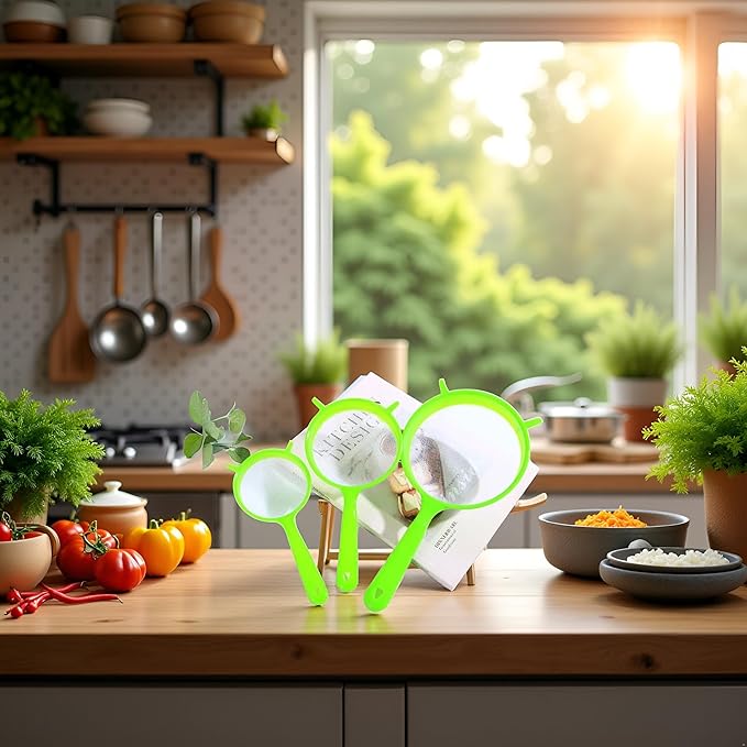 3 PCS/Set Flour Sifter with Long Handle, Plastic Hangable Flour Colander Powder Filter Strainer Fine Mesh Colander Coffee Filter Tea Strainer, Strainers and Colanders and Food Strainers（Green）
