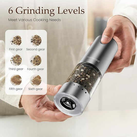 Electric Salt and Pepper Grinder Set - Valentines Day Kitchen Gifts for Him, Rechargeable with LED Lights, Stainless Steel Automatic Mill, Adjustable Coarseness, Large Capacity, Silver
