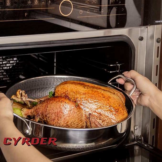 CYRDER 316L Stainless Steel Frying Pan-12inch Hybrid Nonstick Induction Pan with Lid, Two Handle Hold, PFOA Free, Dishwasher Oven Safe, Paella Pan for Stir fry/Toast/Roast/Bake/Stew, 6 Quart