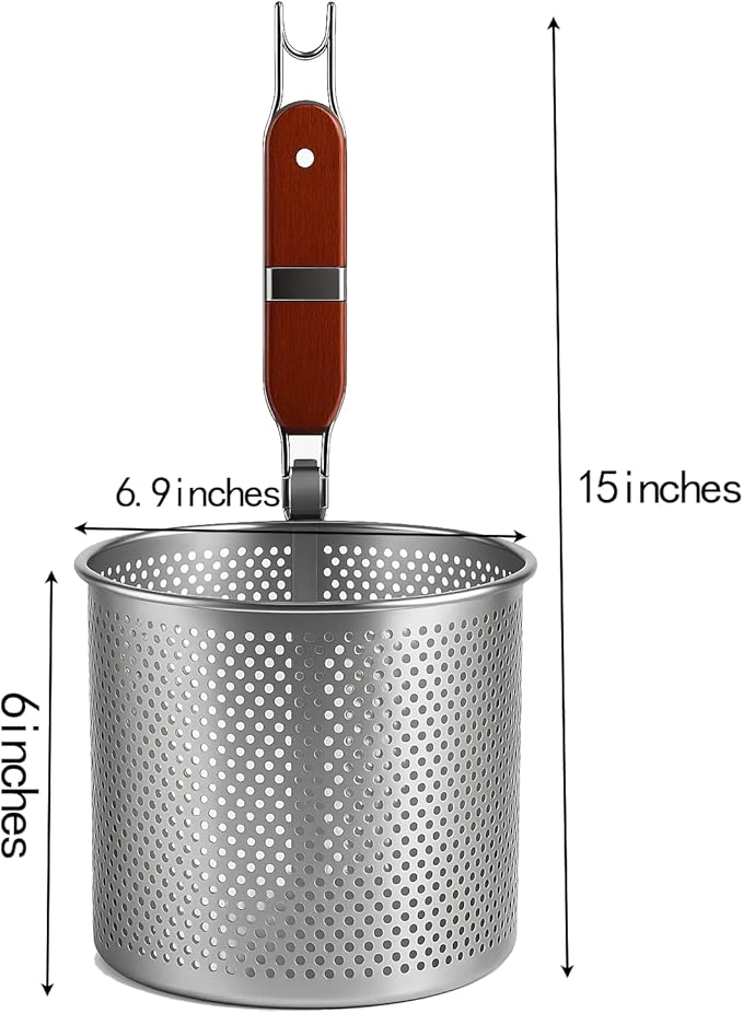 Mesh Pasta Basket Food Strainer Insert For Pot, Colander with Round Wooden Handle Stainless Steel Mesh Spider Strainer for Pasta Noodles Dumpling Vegetable