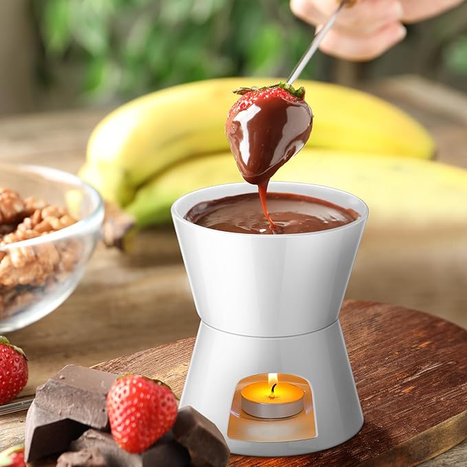 Mudder 8 Pcs Mini Fondue Pot Set with 32 Color Coded Forks Valentine's Individual Porcelain Tea Light Melting Mugs for Chocolate Cheese Dessert Small Fondue Pot for Tapas Gifting(White)