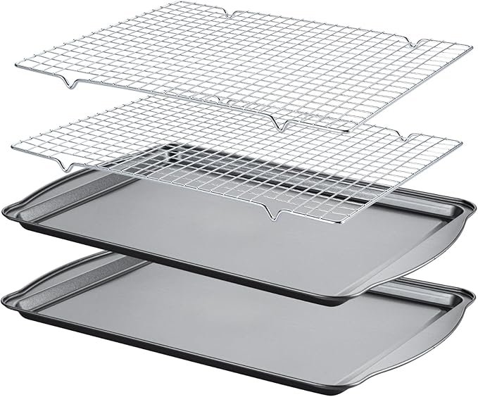 Gymdin Baking Sheet with Cooling Racks - Carbon Steel Cookie Sheets for Baking [2 Sheets + 2 Racks], Nonstick Baking Pans, Perfect for Baking, Roasting, and More, Size 17 x 11 x 0.5 Inches