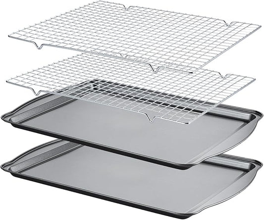 Gymdin Baking Sheet with Cooling Racks - Carbon Steel Cookie Sheets for Baking [2 Sheets + 2 Racks], Nonstick Baking Pans, Perfect for Baking, Roasting, and More, Size 17 x 11 x 0.5 Inches