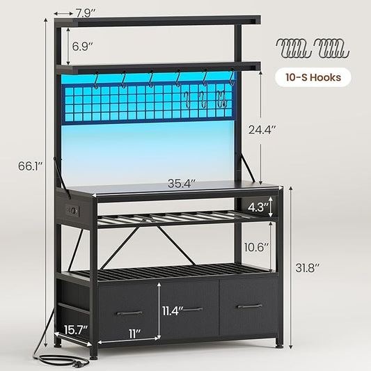 Itaar Bakers Rack with Storage Drawers, Microwave Stand with Power Outlet and LED Lights, 35.4 inch Coffee Bar Cabinet with Hutch, Wine Rack and Hooks for Kitchen, Living Room, Black