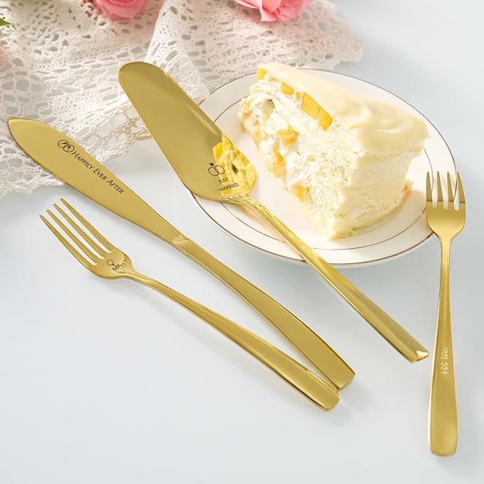 AW BRIDAL Mr and Mrs Wedding Cake Knife Set with Forks, Gold Cake Cutting Set Stainless Steel Cake Serving Set Wedding Engagement Bridal Shower Gifts for Couples