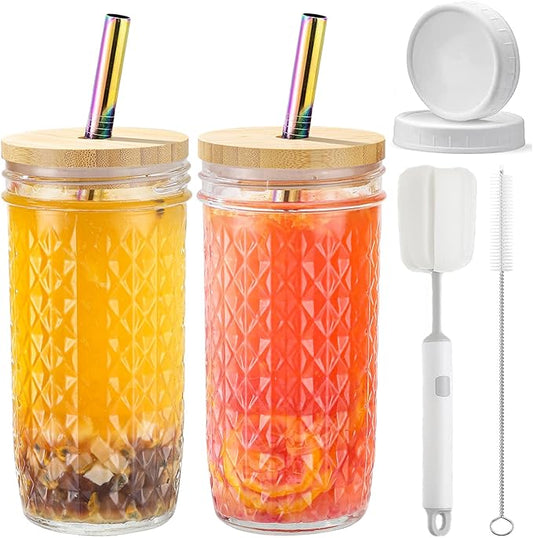 2 Pcs Glass Cups Set - 24oz Mason Jar Drinking Glasses with Bamboo Lids & Straws & 2 Airtight Lids, Cute Reusable Smoothie cup, Iced Coffee Glasses, Travel Tumbler for Bubble Tea, Juice, Gift