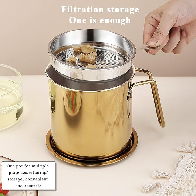 Berglander Gold Bacon Grease Container With Strainer 47oz/1.4L, Titanium Golden Plating Stainless Steel Oil Storage Container with Fine Mesh Strainer Dust-proof for Storing Frying Oil and Cooking Fat