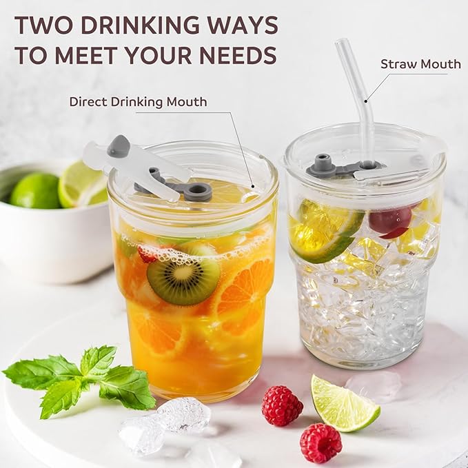 Glass Cups With Lids And Straws, Iced Coffee Cup,15Oz/450ml Iced Coffee Glasses Tumbler, Thick Wall Glass Mug For Tea Water, Matcha Cup Chirstmas Gifts (Clear,1PCS)
