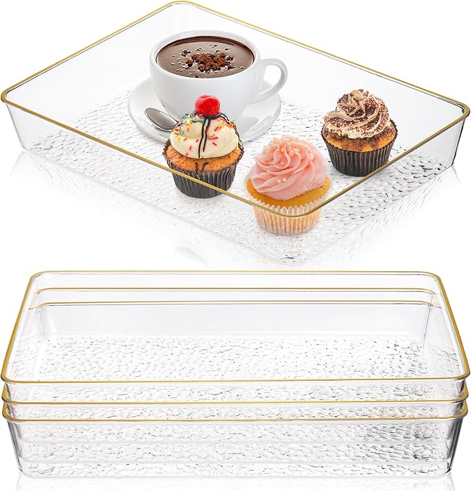 4 Pack Clear Serving Trays, Deep Serving Platters Rectangle 12'' x 8'', Decorative Tray with Gold Rim, Reusable Plastic Tray Organizer for Coffee Table Pantry Party Food Display Spill Proof