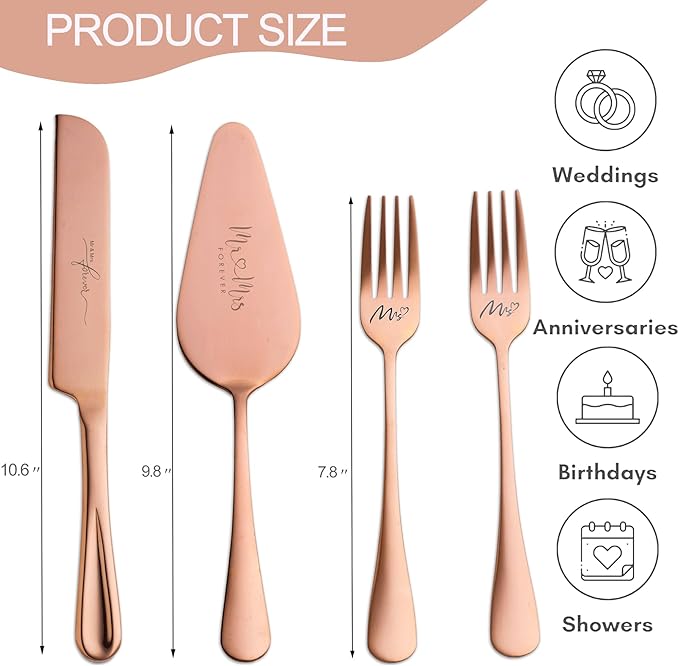 Wedding Cake Knife and Sever Set, Cake Cutting Set for Wedding, 4 pieces Mr and Mrs Cake Cutter and Forks, Birthday, Wedding Gifts, Bridal Shower Gifts for Couples (Rose gold)