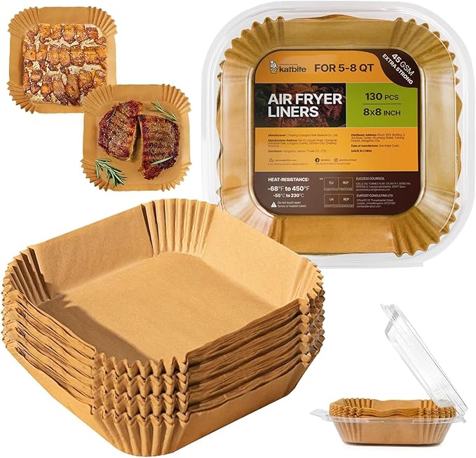 Katbite Air Fryer Liners Disposable - 8 inch Square Non-Stick Airfryer Paper Liners, Unbleached Parchment Paper for 5 to 8 Qt Basket, Frying, Baking, Cooking, Roasting, Easy Cleanup, 130pcs