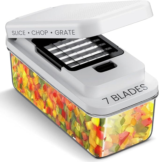 Cheer Collection Vegetable Chopper Slicer with Container Lid – 7 in 1 Mandoline Slicer Dicer Grater Julienne Cutter Kitchen Gadget, Multi Blade Food Chopper for Meal Prep