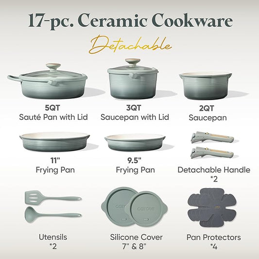 CAROTE 17Pcs Titanium Cookware Set, Pots and Pans Set Non Stick, Kitchen Cooking Set with Detachable Handle, Non Toxic Induction Cookware, Dishwasher/Oven Safe