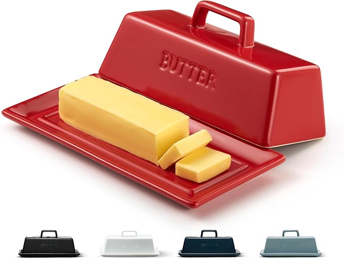 Butter Dish with Lid for Countertop, by Kook, Ceramic Dish Tray with Cover, Kitchen Keeper, Container, Holder (Red)