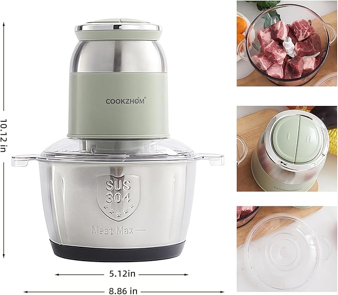 COOKZHOM Green Food Processor,500W Electric Meat Grinder with 8 Cup Stainless Steel Bowl and 4 Sharp Blades, Food Chopper & Vegetable Chopper for home use,Meat Processor, Vegetables, Fruits and Nuts