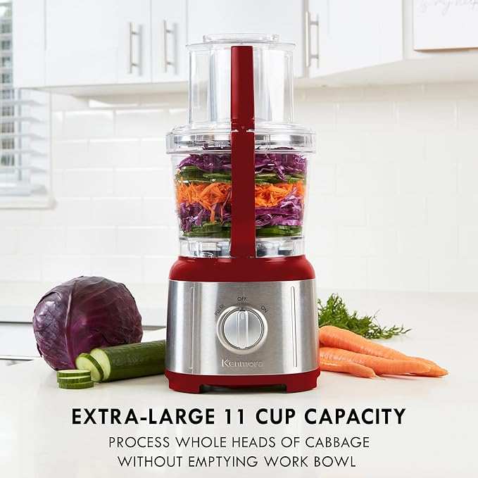 Kenmore 11-Cup Food Processor - Vegetable Procesador de Alimentos, Blender, Onion Chopper And Garlic Mincer, Kitchen Appliance High Powered Electric Licuadora, 500W, Stainless Steel Red
