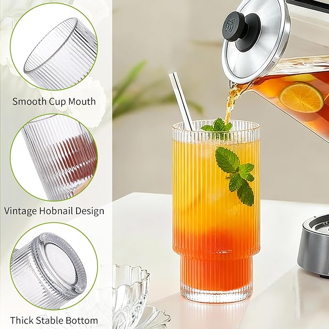 Ribbed Drinking Glasses Set of 4, Stackable Cute Kitchen Glasses Cups 16oz and 7oz Iced Coffee Glasses cocktail Glass cup for Water, Beverage, Whiskey