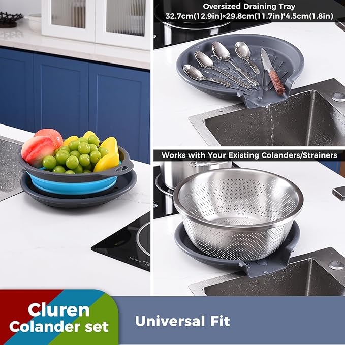 Collapsible Colander Set with Oversized Draining Tray | 3-Pack Foldable Kitchen Strainers + Base | Space Saving for Pasta, Veggies, Fruit & Rice | 5 Colors (Gray-Blue-Red-Green)