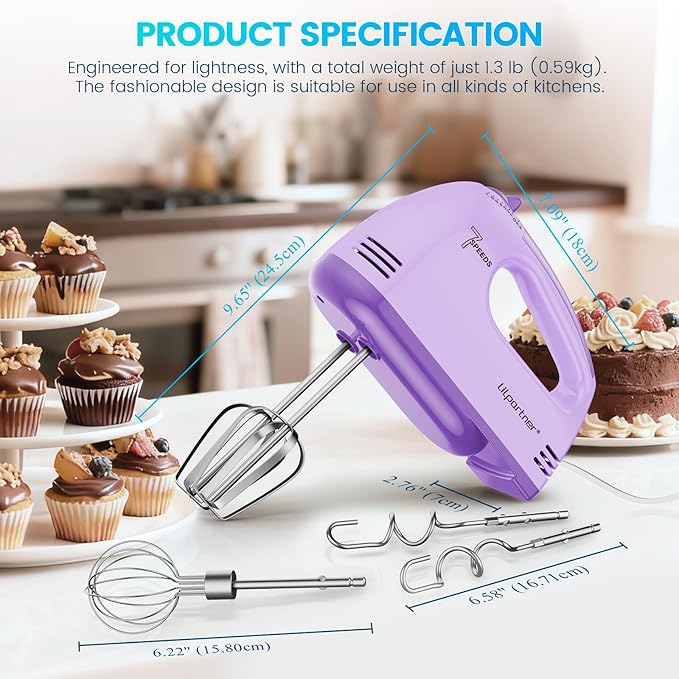 LILPARTNER Hand Mixer Electric, Small Food Mixer 7 Speeds Handheld Blender,304 *(1* Whisk, 2* Beater, 2*Dough Hook) Kitchen Blender for Cream, Cookies, Dishwasher Safe, Purple