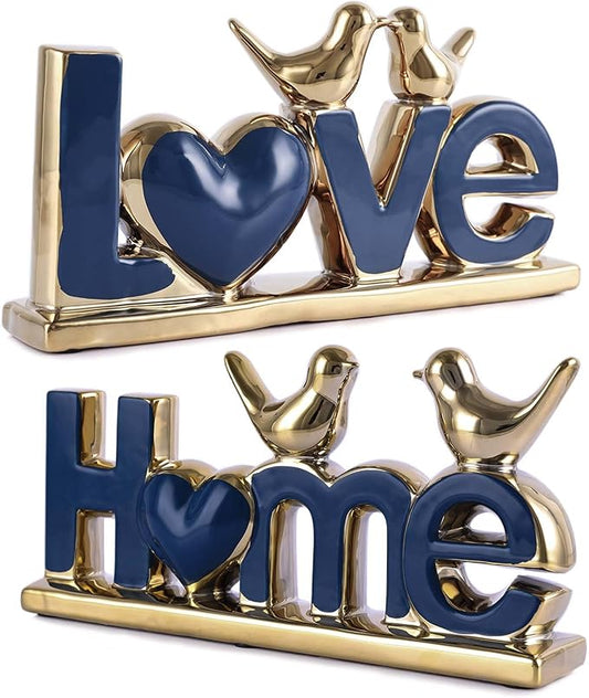 Love Sign Decor,Gold Room Decor Aesthetic, Knick Knack Shelf,Bird Decor, Boho Bookshelf,Abstract Statue,for Living Room,Bedroom, Contemporary Tv Stand Set of 2 (2, Gold Blue)