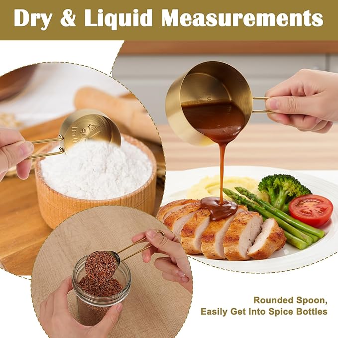 8 Pcs Gold Measuring Cups and Spoons Set 304 Stainless Steel Measuring Spoons Gold with Handles Golden Stackable Kitchen Measure Cups Set For Liquid Dry Ingredient Kitchen Baking Cooking