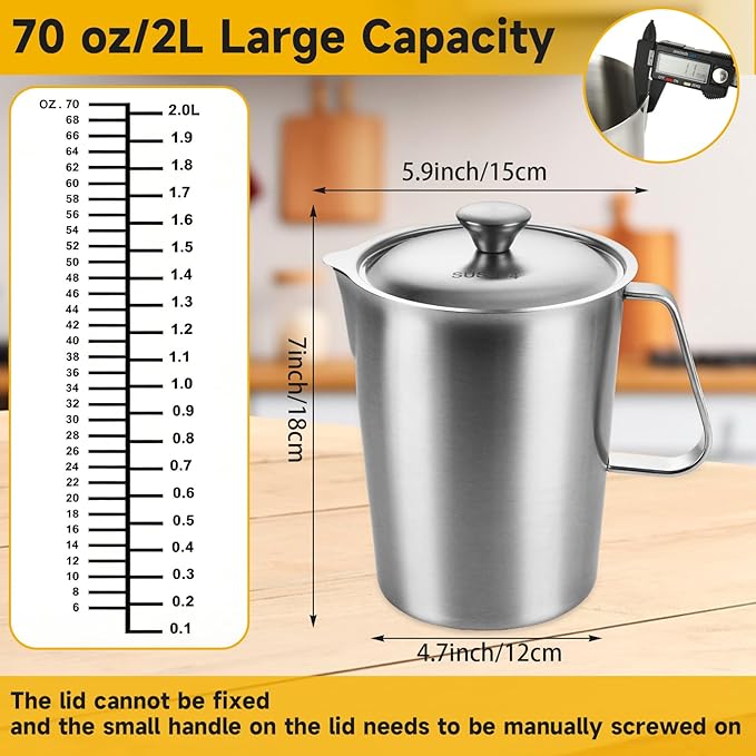 LANIAKEA Stainless Steel Measuring Pitcher with Lid 70 oz / 2L Metal Measuring Cup with Marking with Handle Wide Mouth Graduated Cup for Milk Frothing,Latte Art,Espresso, Hot & Cold Water, Iced Tea