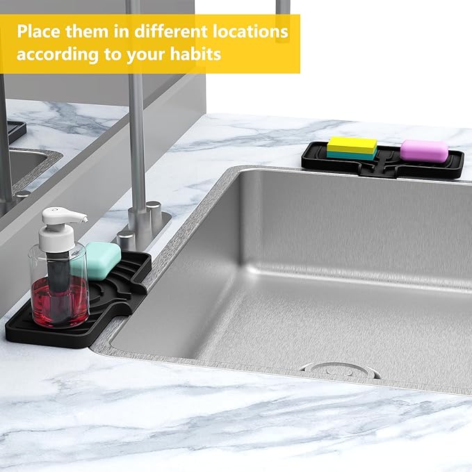 Sponge Holder for Kitchen Sink, Soap Tray for Sink & Counter, 9.8"×4.9" Soap Dish Mat, Silicone with Drain, Perfect for Dispenser, Scrubber, Bottle, Cup (Black)