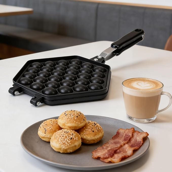 Tnfeeon Bubble Waffle Pan Cast Aluminum Stovetop Maker, Double Sided Egg Waffle Iron with Fixed Bracket and Anti Scald Handles for Home Kitchen Cafe Use