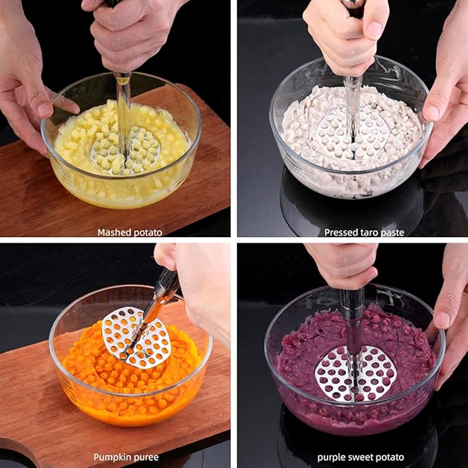 316 Stainless Steel Potato Masher - 10 Inch / 24cm with Wood Handle, Easy Clean Design for Mashed Potatoes, Guacamole & More