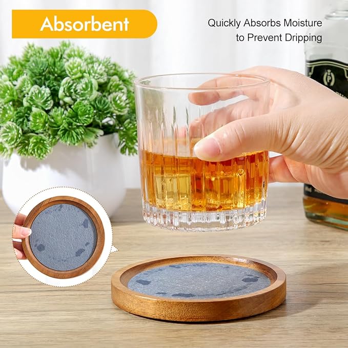 Acacia Wood Coasters for Drinks, HALE OTEIR 4.13 Inch Felt Wooden Coasters for Coffee Table Absorbent Set of 6 with Holder, Natural Wood Stackable Reusable Coasters for Home Office Coffee Bar Table