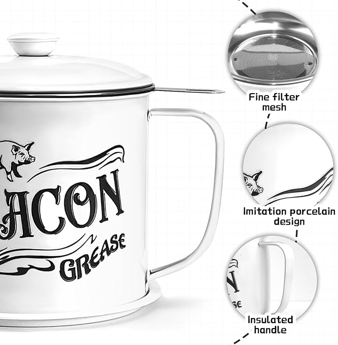 1.3L Bacon Grease Saver Container with Fine Mesh Strainer,Stainless Steel Oil Keeper Can for Bacon,46oz Large Rustic Farmhouse Fat Container, Keeper, Recipes, Dishwasher Safe (White)