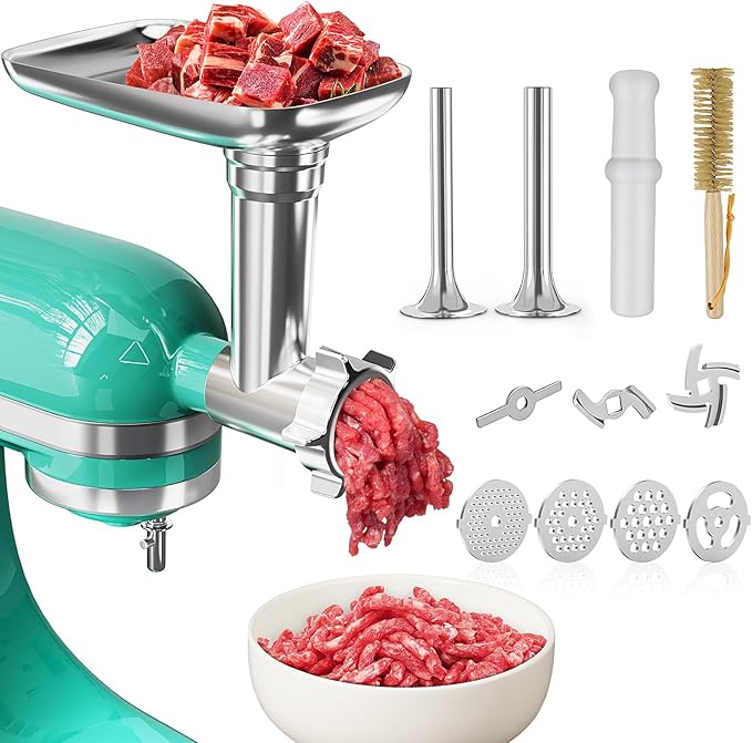 Metal Food Grinder Attachment for KitchenAid Stand Mixer, Meat Grinder Accessories Includes Sausage Stuffer Tube, Food Meat Processor Accessories, Easy to Clean，Perfect for Home Kitchen Use