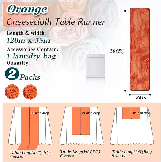 Orange Cheesecloth Table Runner 2 Pack 35" Boho Gauze 120 inches Long Runner Rustic Sheer Fabric Bulk for Baby Shower Wedding Bridal Birthday Party Picnic Table Decorations