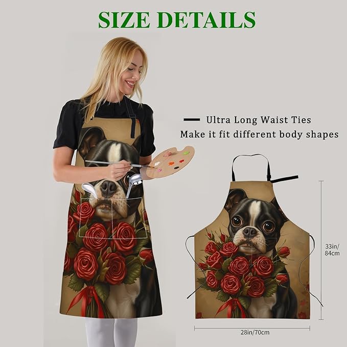 Cute Boston Terrier Apron with Adjustable Neck Strap,Dog Rose Vintage Kitchen Aprons with 2 Pockets for Women,28x33in,Oxford Fabric,Gifts for Wife Mom,For Chef Cooking Baking Gardening BBQ