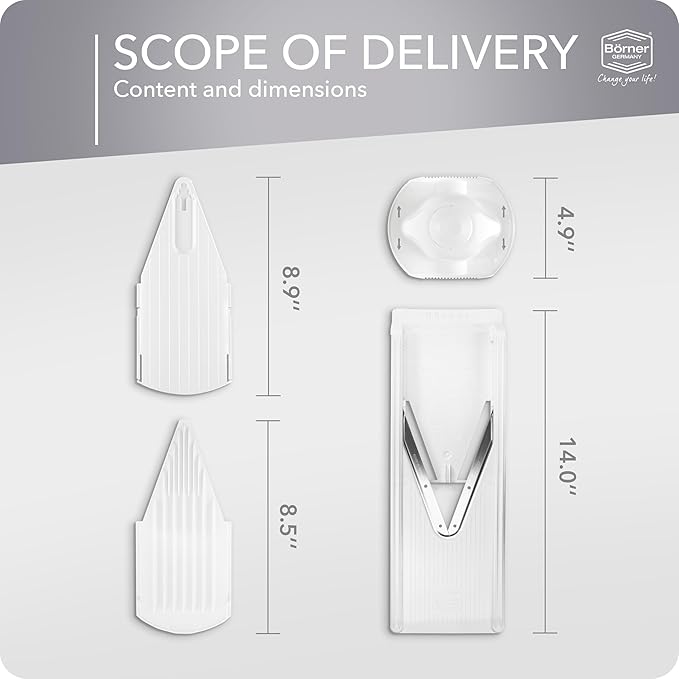 Mandoline Food Slicer Börner V3 (Basic Set) by Reston Lloyd • V-Slicer with Food Holder • Made in Germany • Fruit & Vegetable Chopper • Multiple Settings • Color: White